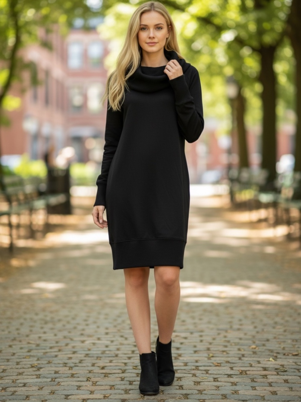 WOLFORD BLACK RIBBED COWL NECK LONG SLEEVE JERSEY SWEATER DRESS W FITTED BOTTOM